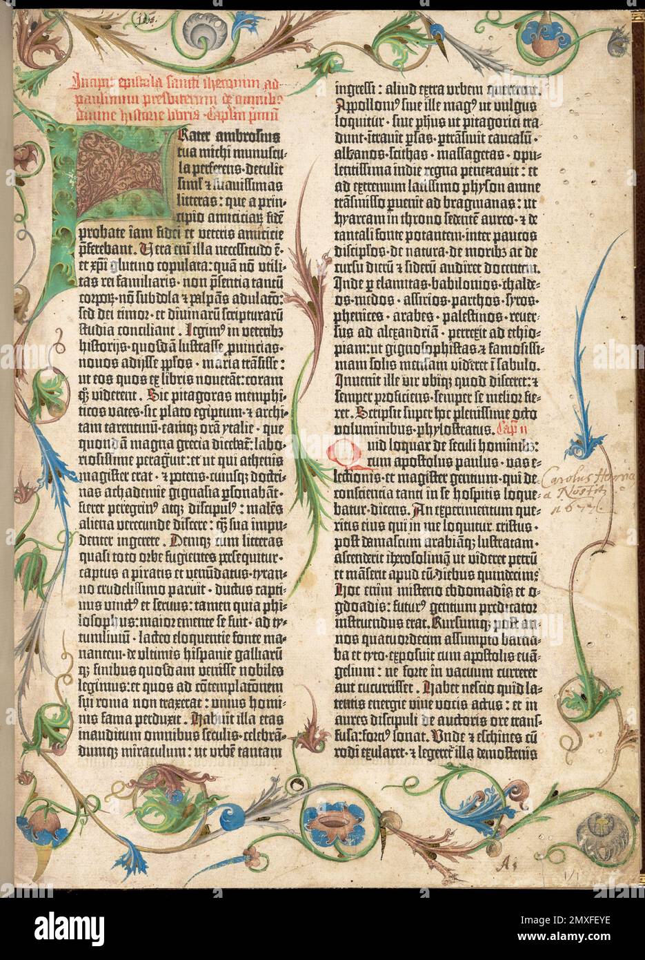 La Bibbia di Gutenberg. Pagina campione della Bibbia di Gutenberg di Johannes Gutenberg, dalla Morgan Library di New York Foto Stock