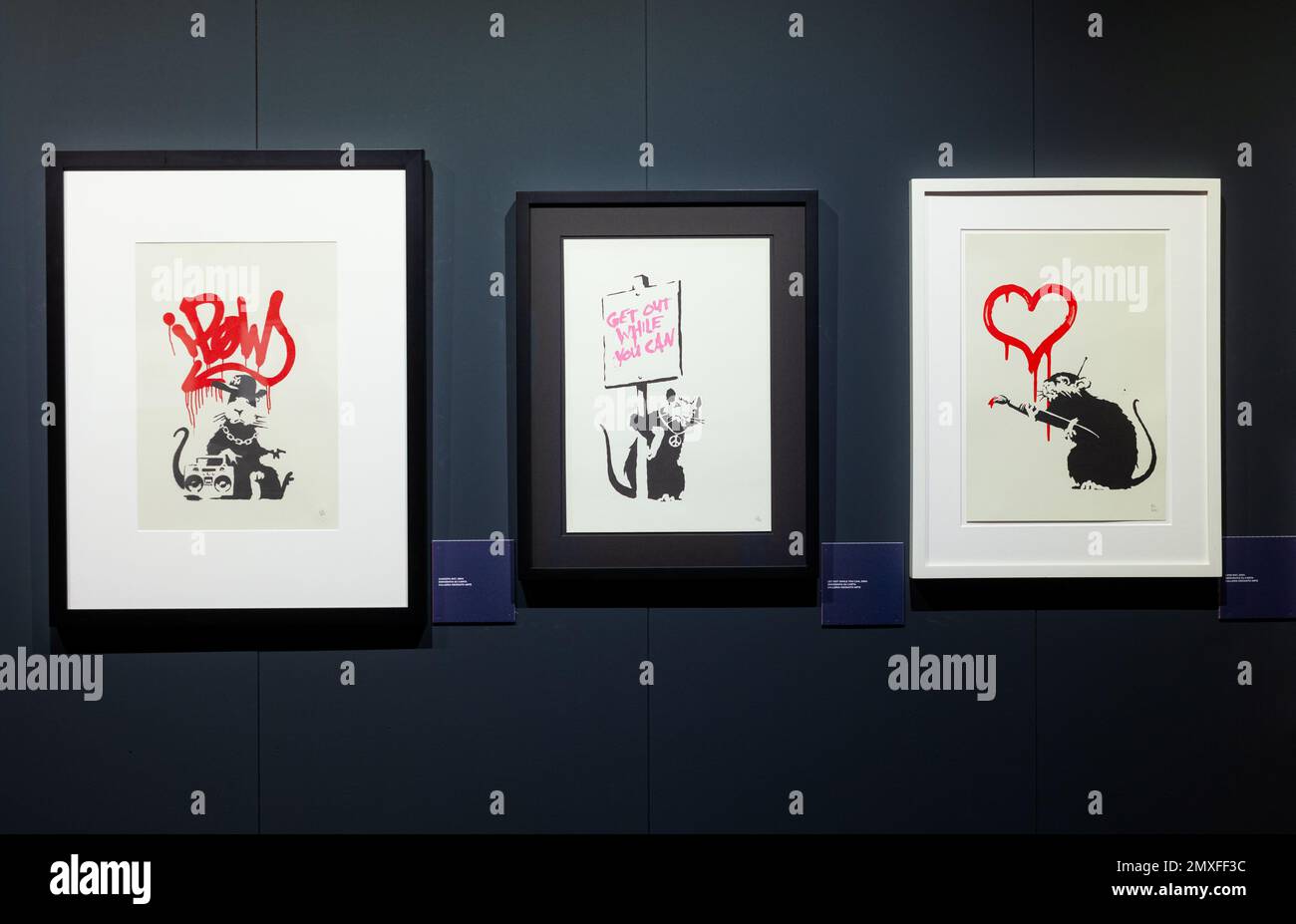 Trieste, Italia - 21 gennaio 2023: Serigrafie dal titolo Gangsta Rat, uscire mentre si può e Love Rat di Banksy. Il grande comunicatore Banksy, Salo Foto Stock