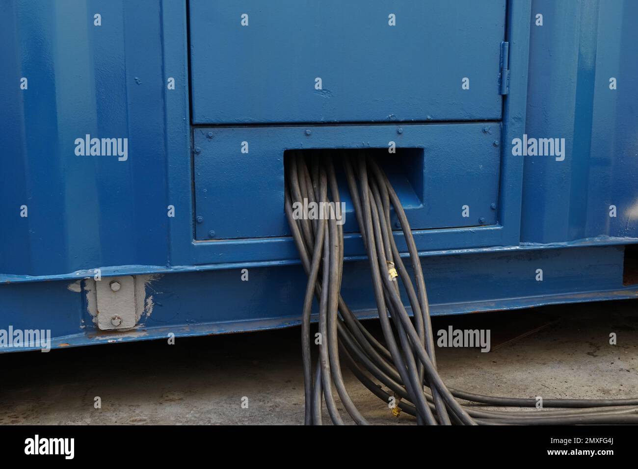 Vista ravvicinata sul fascio di cavi neri fuoriescono dal gruppo di alimentazione blu o dal generatore portatile per fornire elettricità ai reefer. Foto Stock