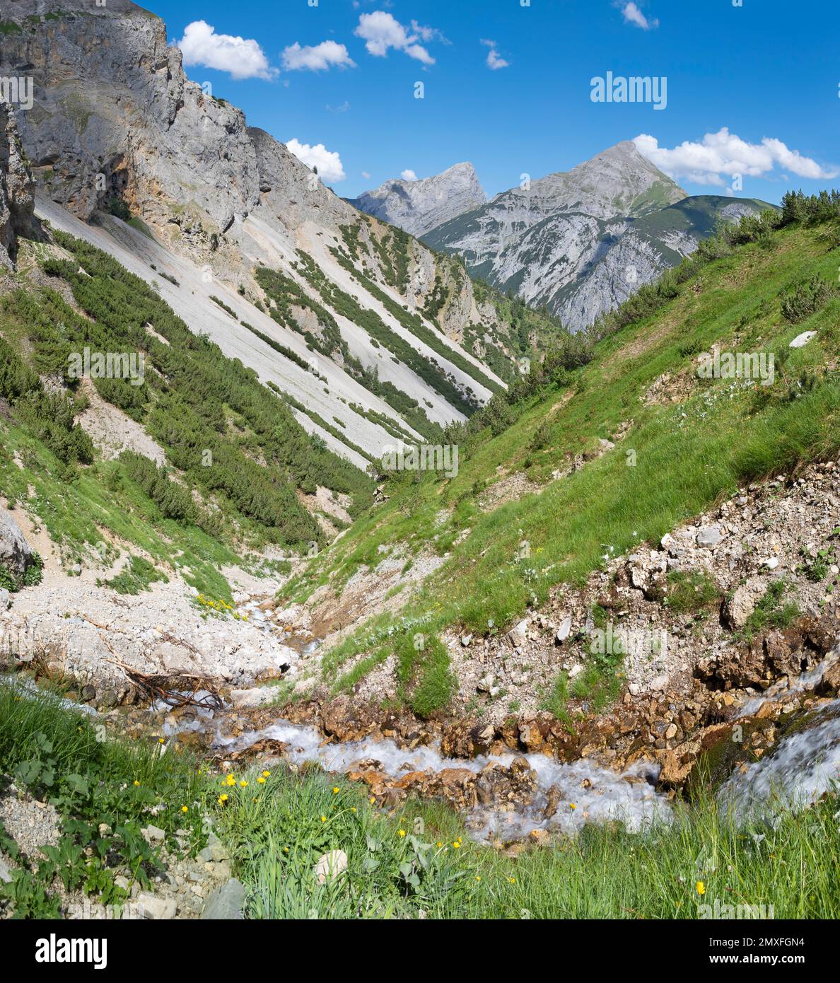 Le montagne del Karwendel sopra l'Eng alto (Ahornboden) e piccolo torrente di montagna. Foto Stock