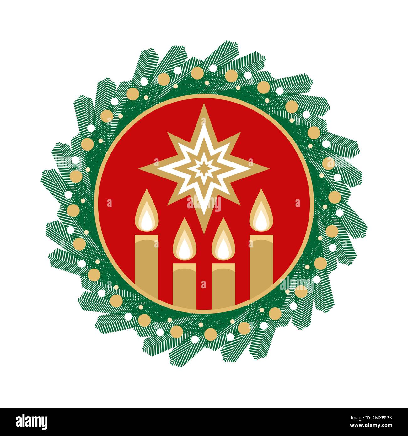 Illustrazione di vettore di Natale. Quattro candele di Avvento accese in previsione della nascita di Gesù Cristo, incorniciate da una corona di abete rosso. Illustrazione Vettoriale