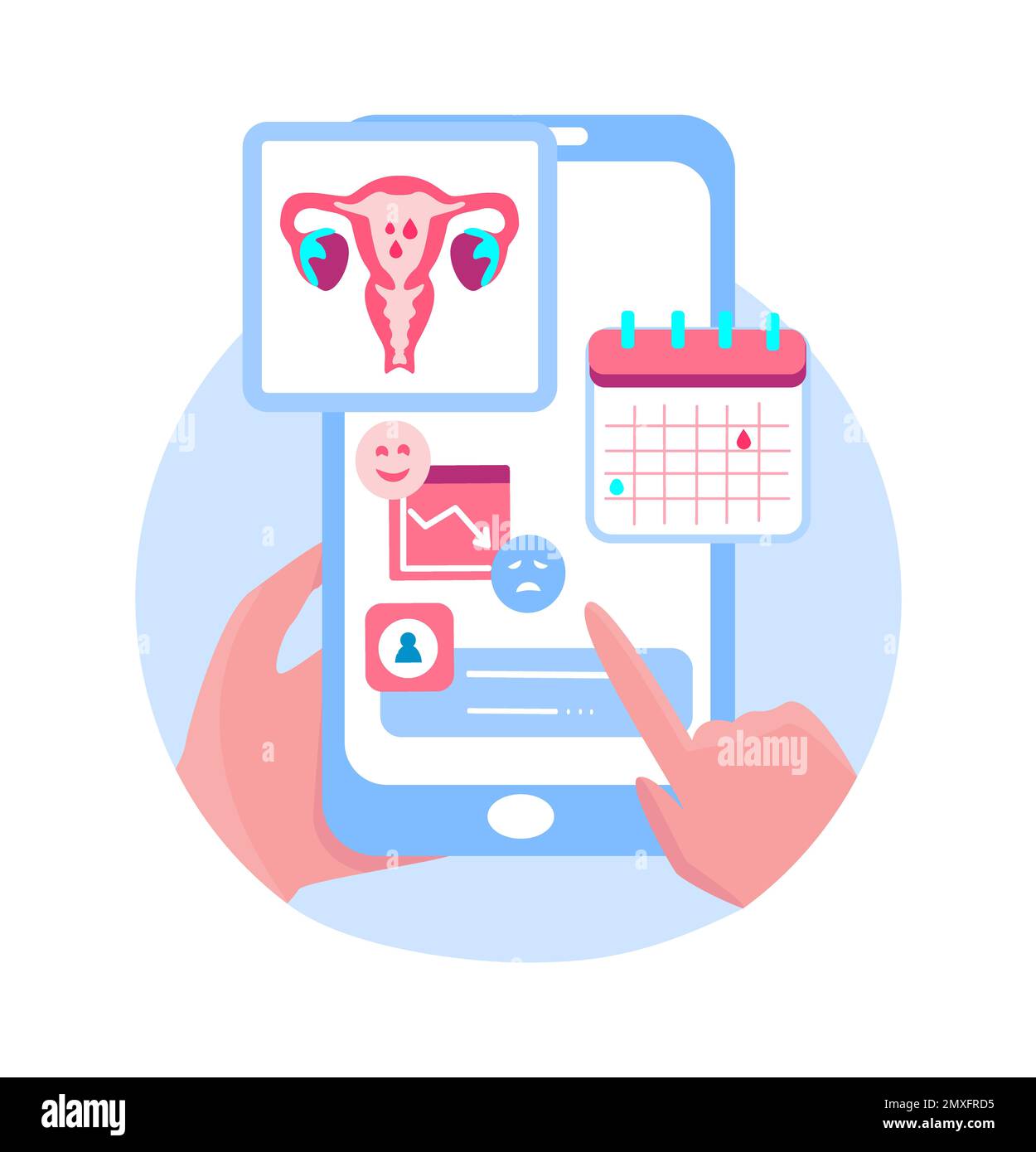 Menstruation femminile Mobile Application.Gynecological Women consultazione. Ciclo del calendario online di smartphone Medical.Internet. Utero, ovaie, periodi Mar Foto Stock