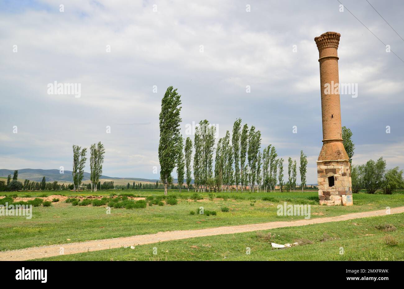 Una bella vista di un'alta torre difensiva in pietra in una zona verde fin dall'antichità Foto Stock
