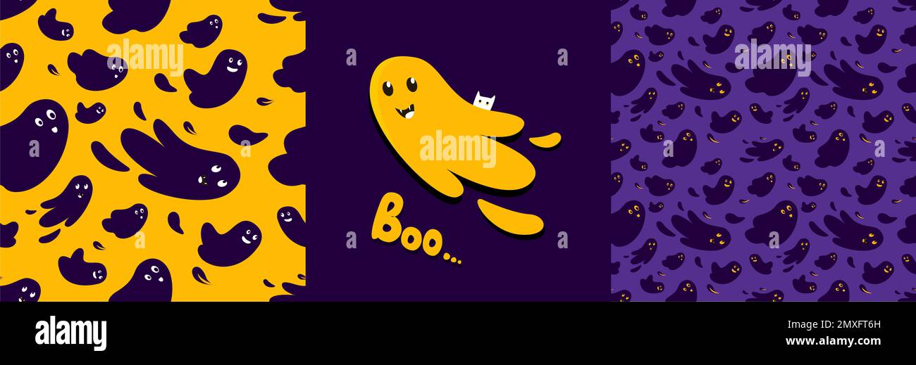 Halloween festive senza cuciture Pattern.Endless Orange, Violet, Viola sfondo luminoso con divertente carino fantasmi.All Saints Day Banner.Bright saluto Card.H. Foto Stock