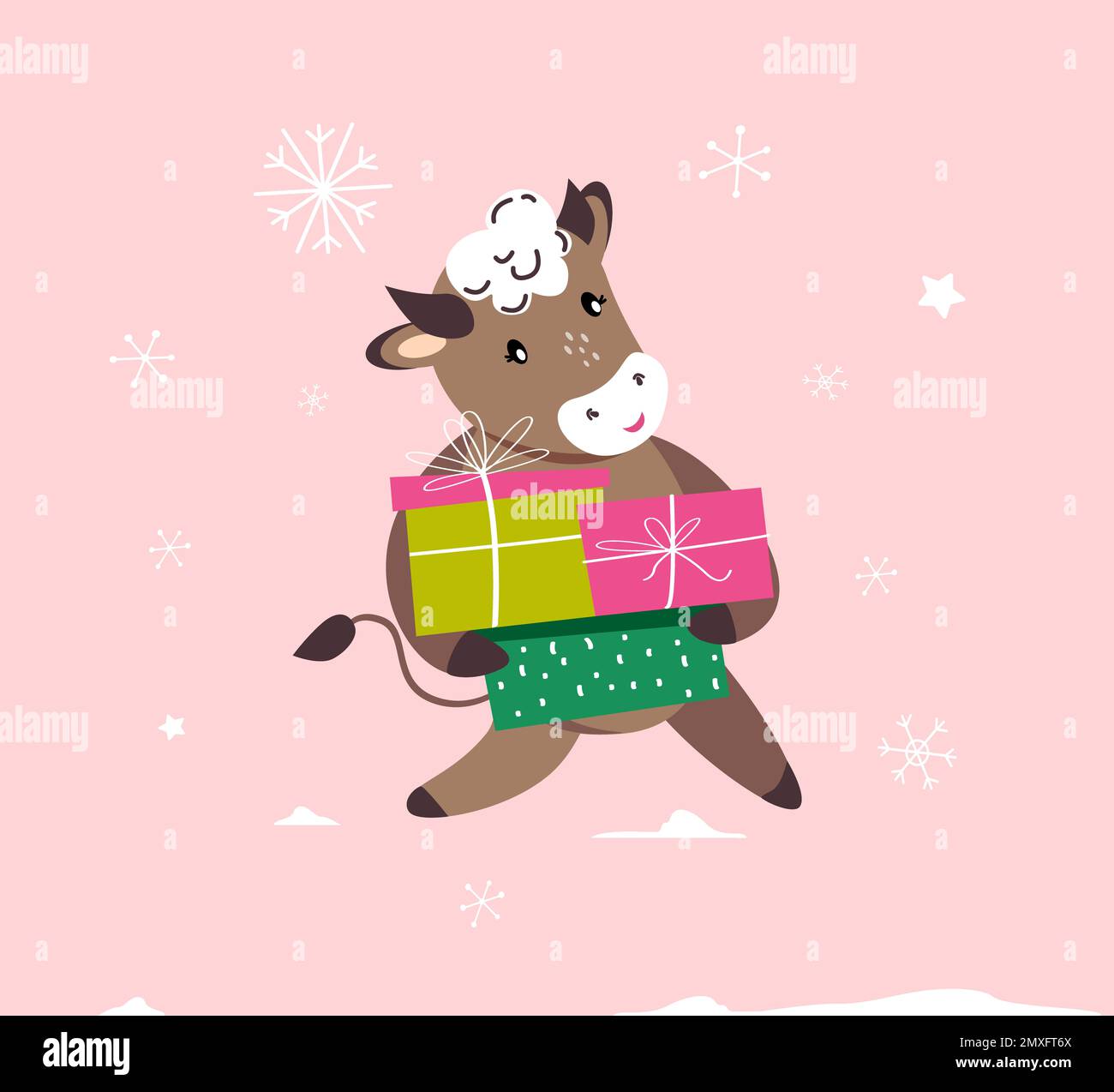 Natale, Felice biglietto di auguri per il nuovo anno.Bull cartoon carino con scatole regalo.simbolo cinese 2021 Cow.animale di festa.atmosfera festosa invernale.Des festive Foto Stock