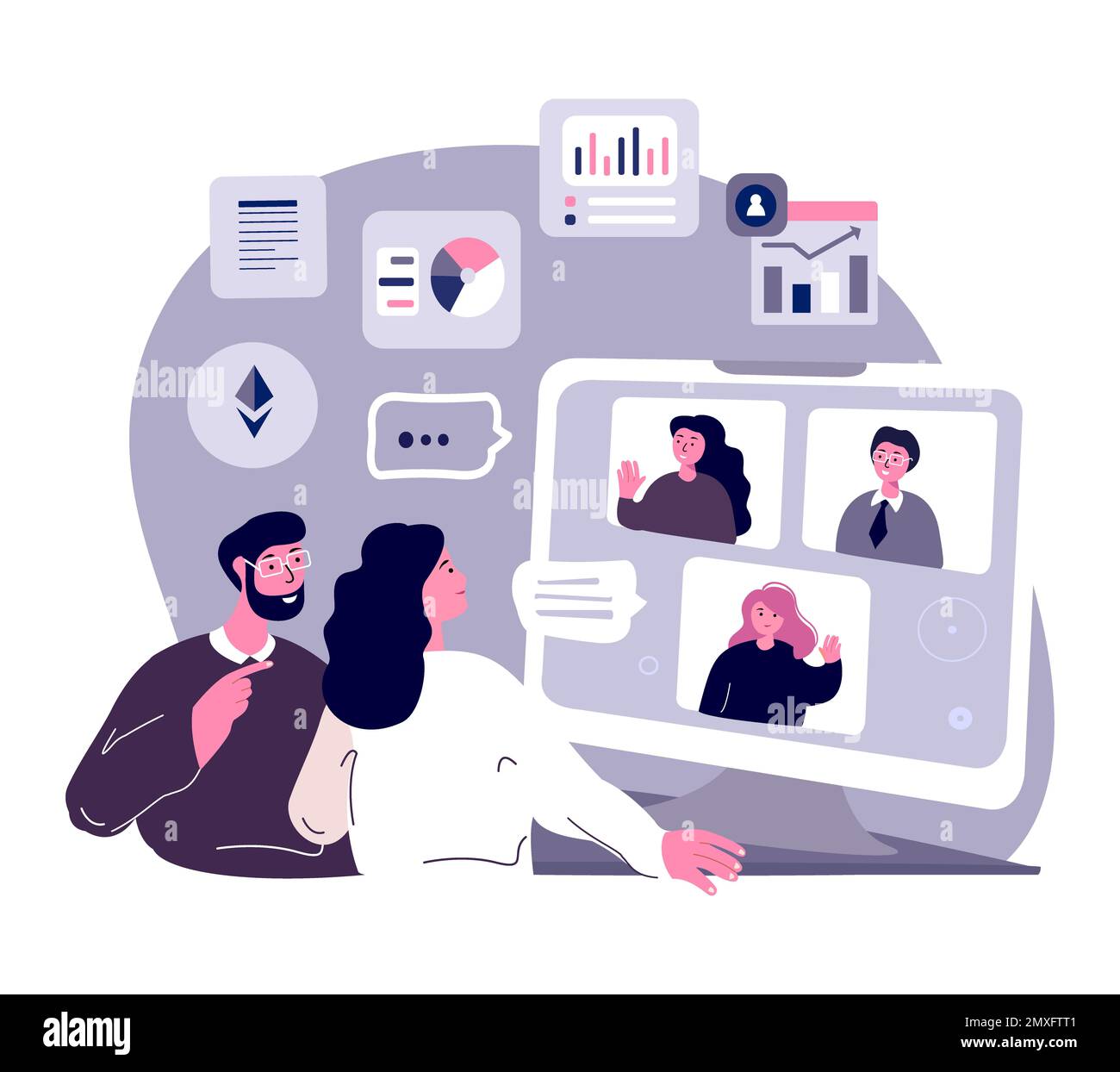 Business Online Conference.Work,Webinar virtuale.Stay Home.Connectors,Telework Freelance Connection.Remote Workplace.Distance Chat Corresponcation.Int Foto Stock