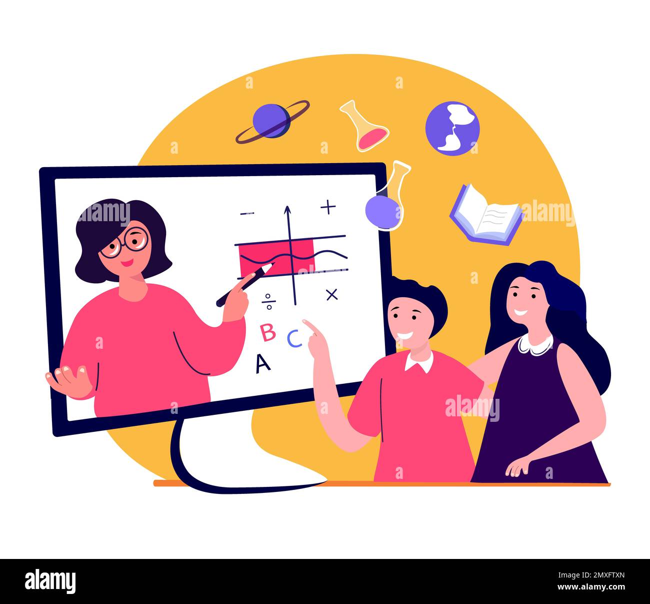 Formazione in linea per i bambini.studenti Studio dei bambini,lavoro a casa, insegnante.lezione video su laptop,tecnologia futura.apprendimento digitale.scuola a casa.COA Foto Stock