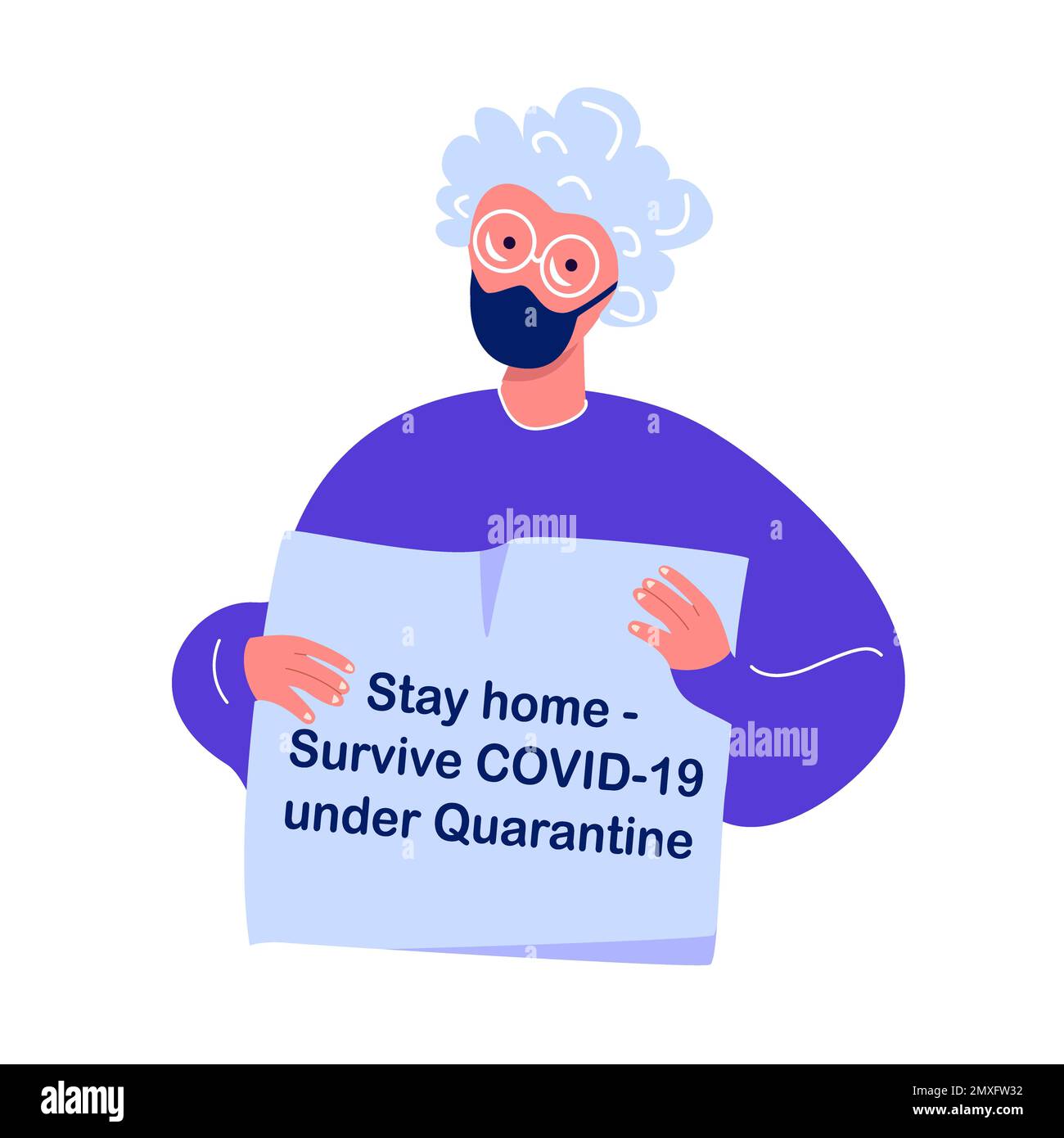 Coronavirus epidemia Warning.Novel COVID 2019, Vecchia nonna anziana pensionato anziano Donna in maschera medica con poster di prevenzione. Misura preventiva Foto Stock