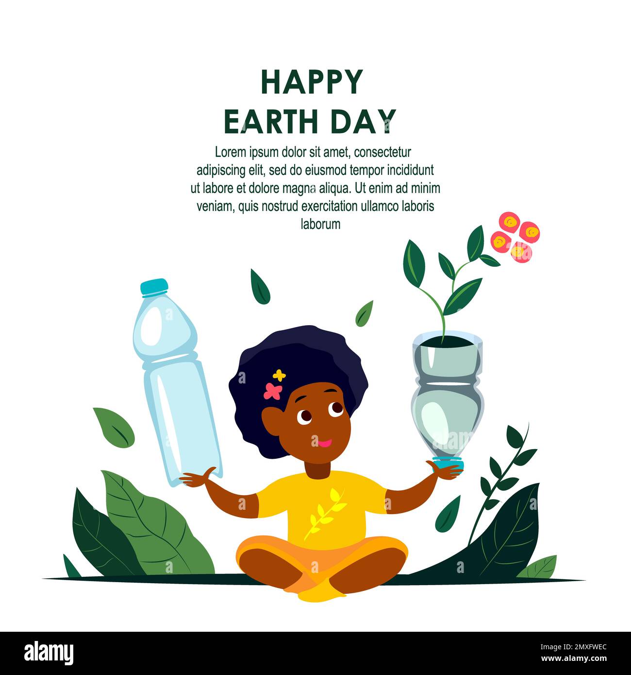 International Earth Day.African Child Hold riutilizzato, utilizzato bottiglia di plastica per piantare fiori.supporto ecologico. Ambiente amichevole Concept.Upcycle R Foto Stock