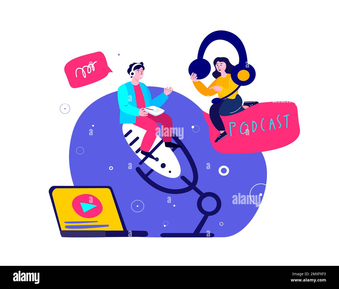 Podcast di blog online. Team con cuffie parlare su microfono, Media radio host.Broadcast Internet Recording.Multimedia Blogger Podcaster,Broadcaste Foto Stock