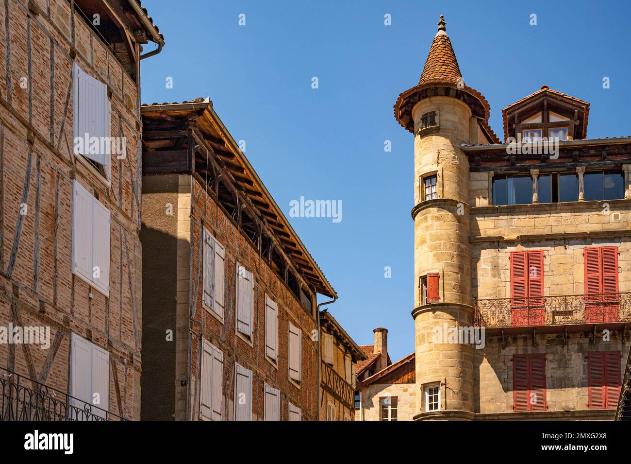 Il patrimonio architettonico di Place Carnot a Figeac, Occitanie, Frace Foto Stock