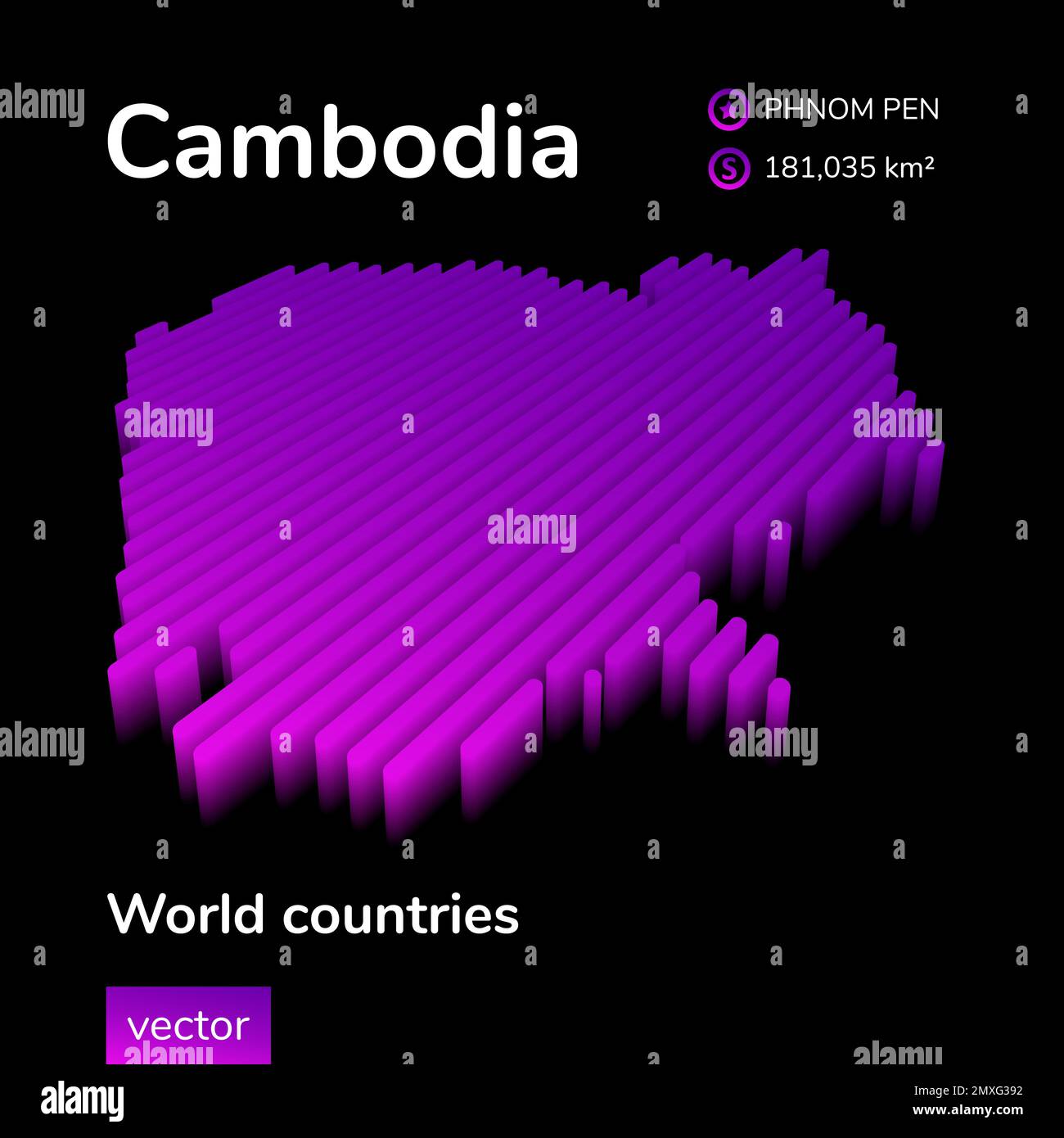 Cambogia 3D mappa. Vettore neon isometrico stilizzato a righe Mappa della Cambogia è in colori viola e rosa su sfondo nero Illustrazione Vettoriale