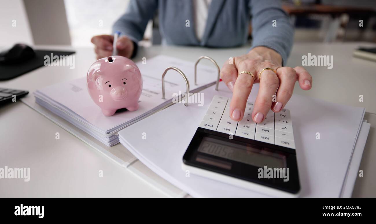 Fatture imposte sulle vendite. Consulente risparmiare denaro con Piggybank Foto Stock