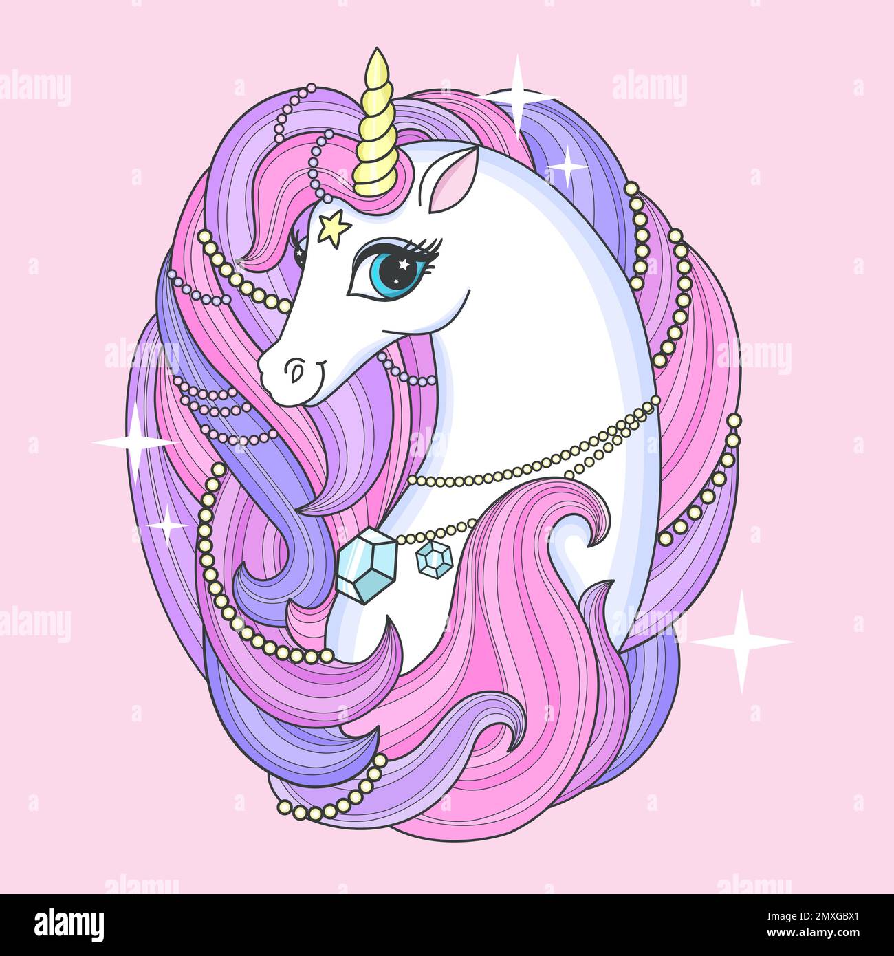 La testa di una bella unicorno con una lunga criniera e un corno dorato su sfondo rosa. Per la progettazione di stampe, poster, biglietti, adesivi, puzzle, Illustrazione Vettoriale