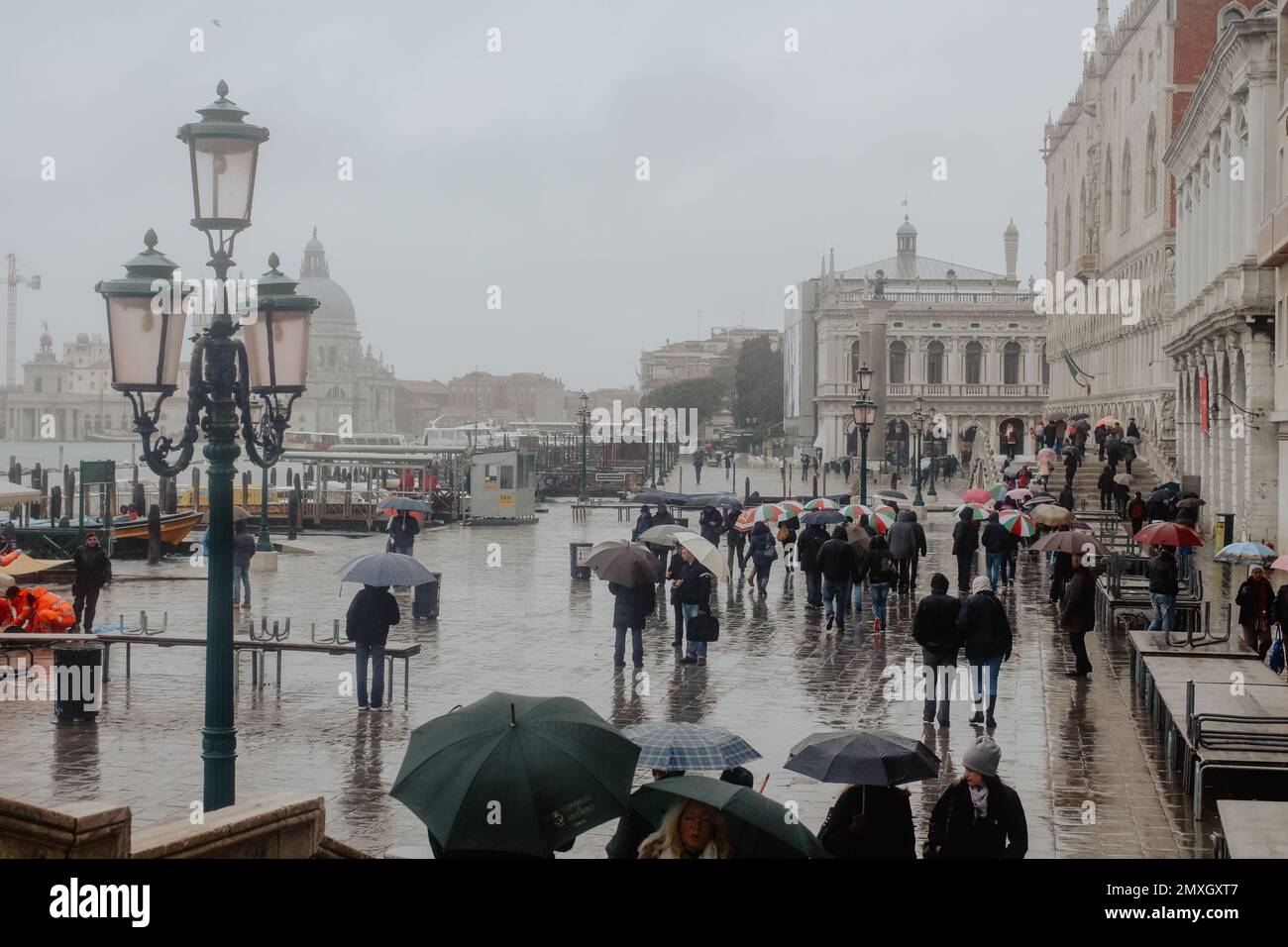 Il gruppo di persone che cammina con gli ombrelloni in una giornata di pioggia a Venezia Foto Stock