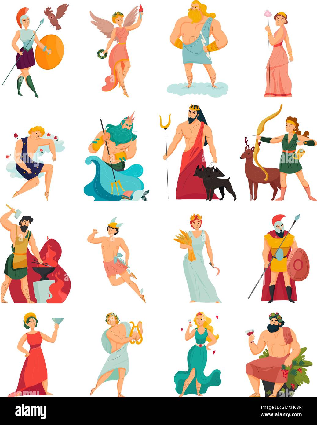 Icone dei cartoni animati greci con zeus poseidon hera apollo afrodite Ares Hades isolato su sfondo bianco illustrazione vettoriale Illustrazione Vettoriale