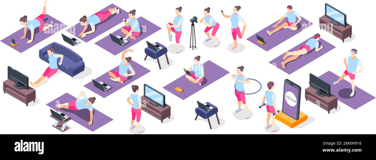 Fitness online icone isometriche insieme di persone con l'inventario dello sport facendo esercizi fisici utilizzati TV o laptop vettore illustrazione Illustrazione Vettoriale