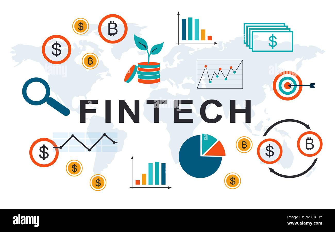 Concetto FinTech. Illustrazione di diverse icone e mappa del mondo su sfondo bianco Foto Stock