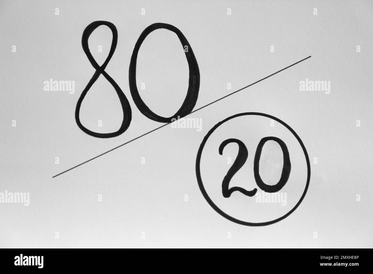 80/20 rappresentazione della regola su sfondo bianco. Principio di Pareto Foto Stock