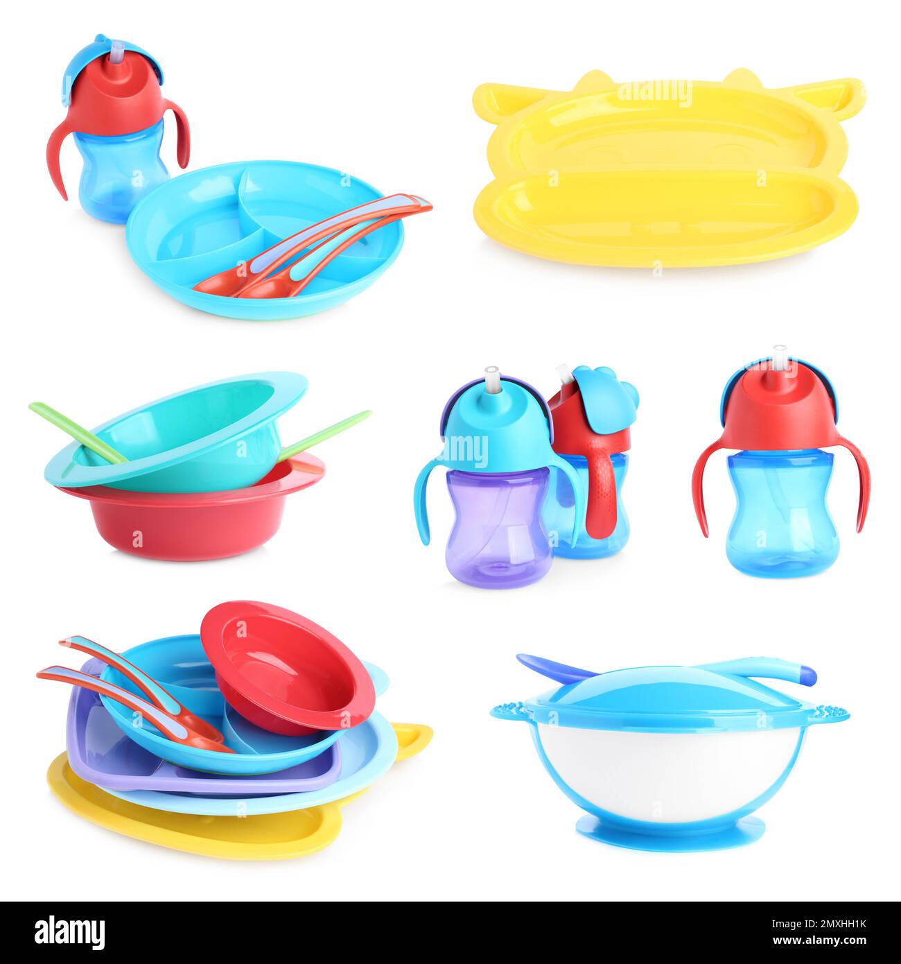 Set di stoviglie in plastica per pappe su sfondo bianco Foto Stock