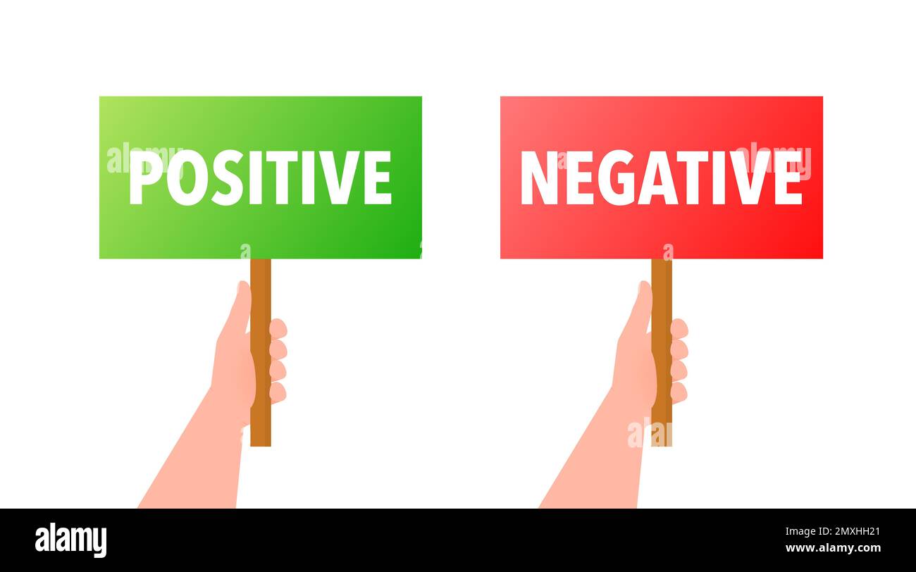 Mani che tengono i poster segno positivo e negativo. Icona buono e cattivo. Illustrazione Vettoriale