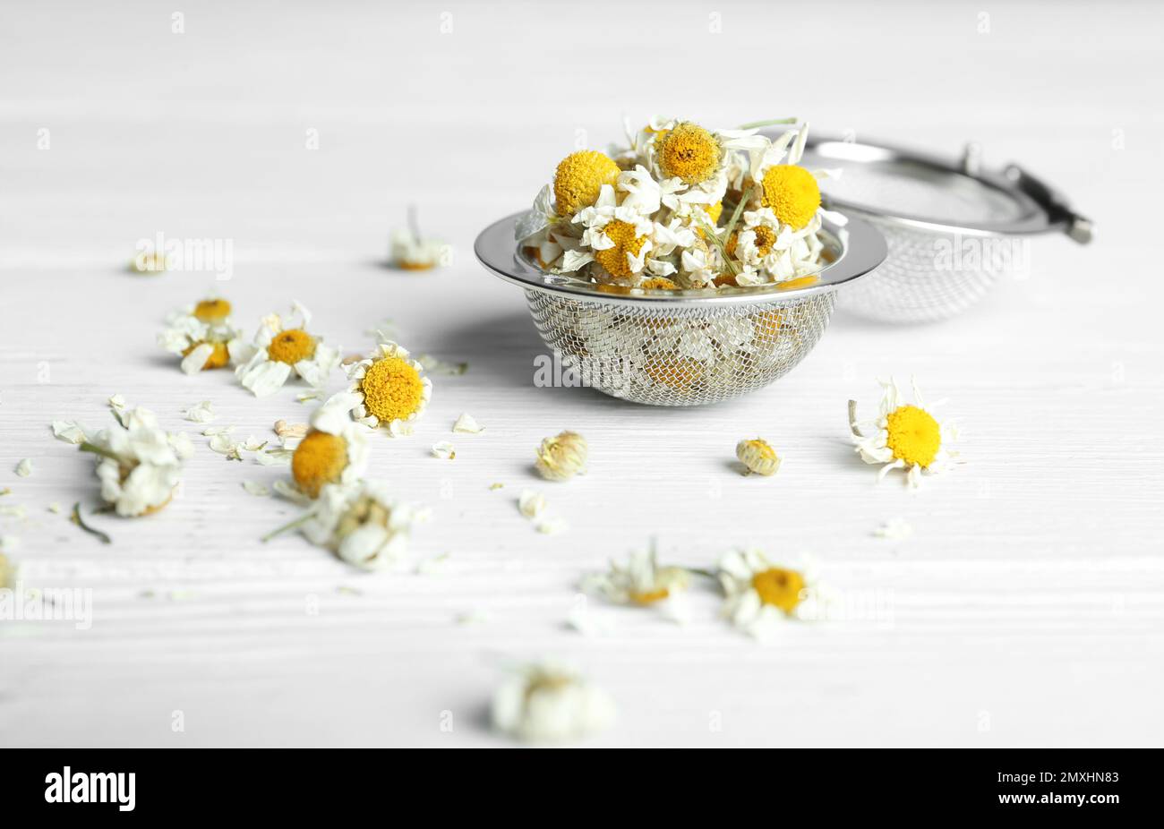 Fiori di camomilla asciutti in infusore su tavolo di legno bianco, primo piano Foto Stock