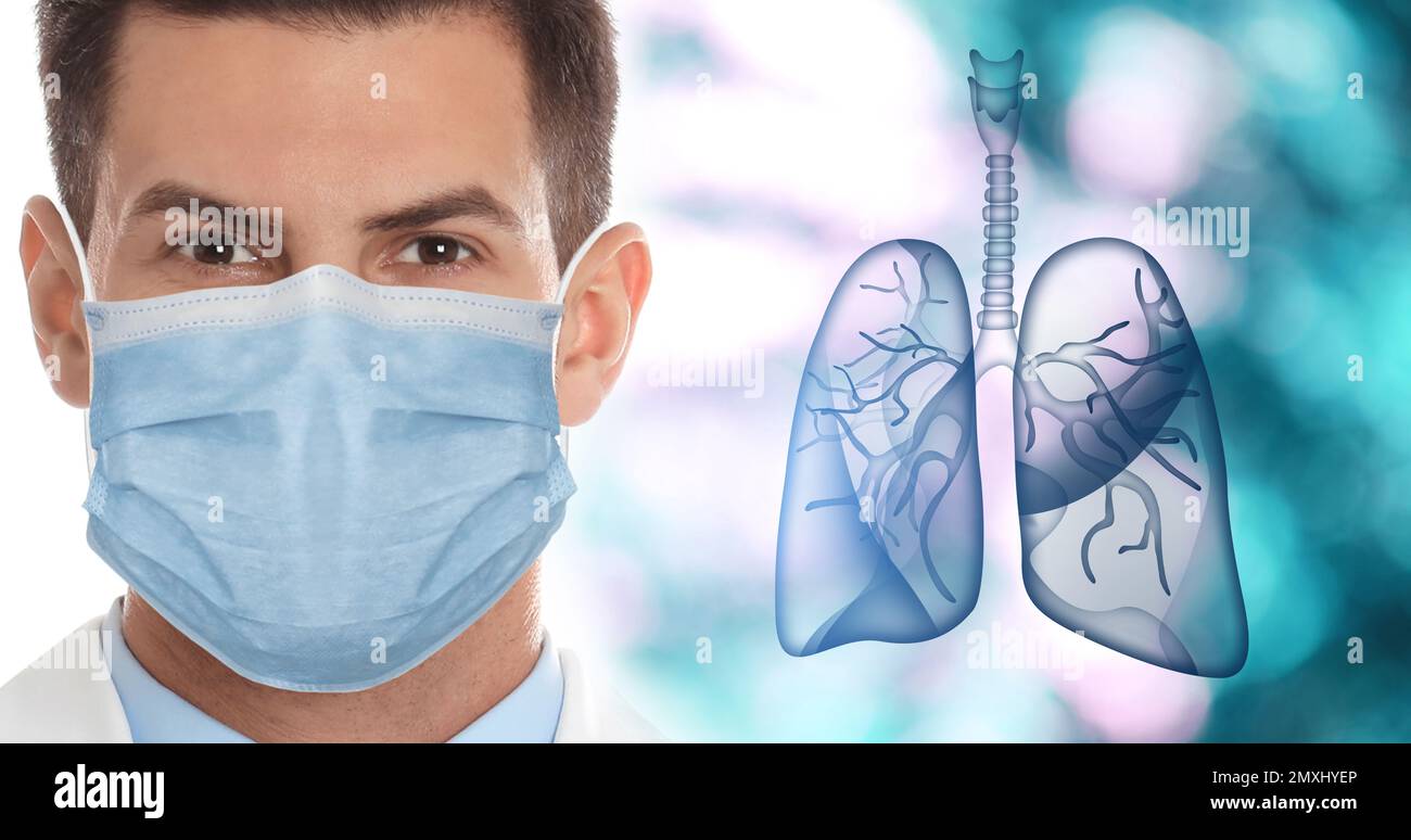 Pulmonologia trattamento delle malattie respiratorie - bronchite, tubercolosi, asma, enfisema, polmonite e infezione toracica. Medico e polmoni illustrati Foto Stock