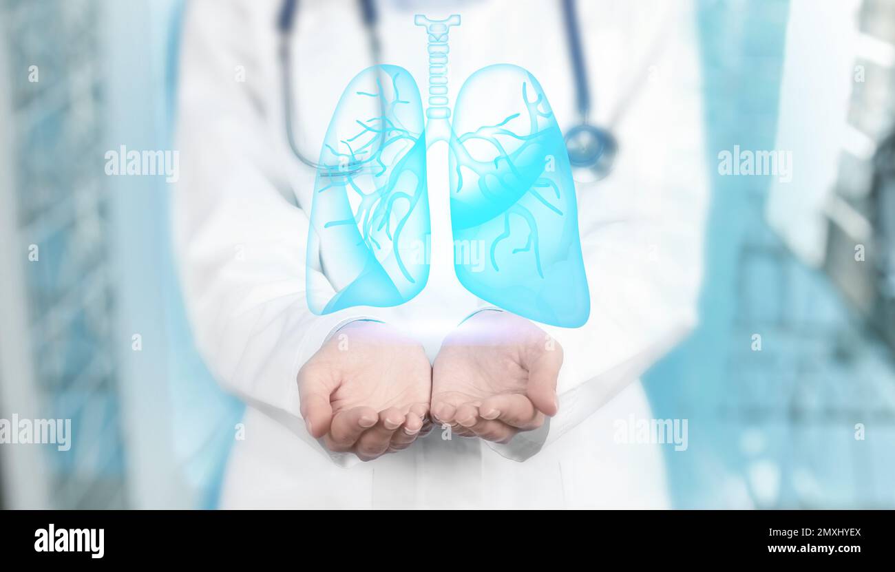 Pulmonologia trattamento delle malattie respiratorie - bronchite, tubercolosi, asma, enfisema, polmonite e infezione toracica. Medico con i polmoni illustrat Foto Stock