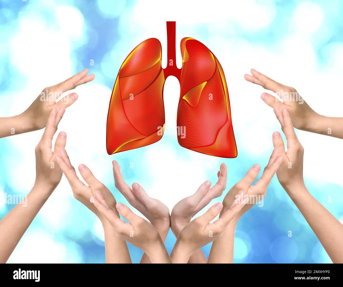 Giornata mondiale della tubercolosi e campagna "No tabagismo". Persone che circondano i polmoni illustrazione, rendendo telaio con le mani Foto Stock