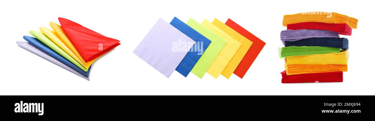 Set con tovaglioli di carta colorati su sfondo bianco, vista dall'alto Foto  stock - Alamy