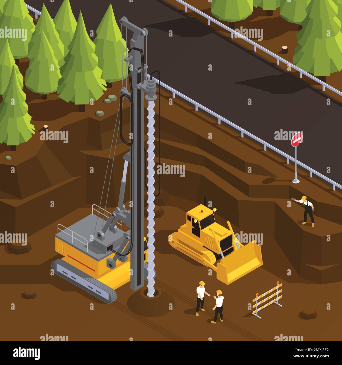 Processo di perforazione di pozzi con macchinari per perforatrici fuori città, vicino alla strada, illustrazione vettoriale isometrica 3D Illustrazione Vettoriale