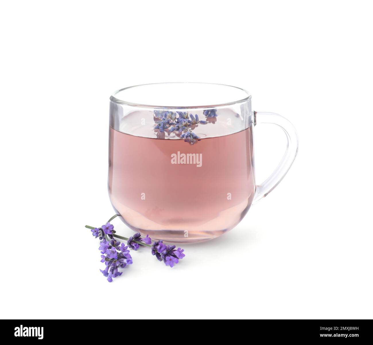 Tè fresco delizioso con lavanda e splendidi fiori isolato su bianco Foto Stock