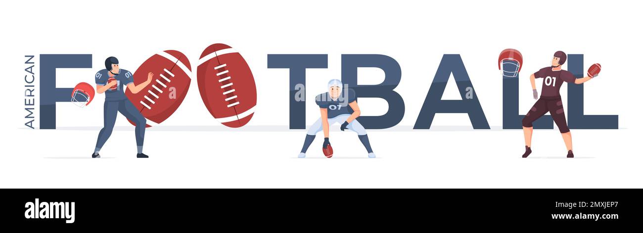 Banner di testo di calcio americano piatto con personaggi di giocatori maschi e palle illustrazione vettoriale Illustrazione Vettoriale