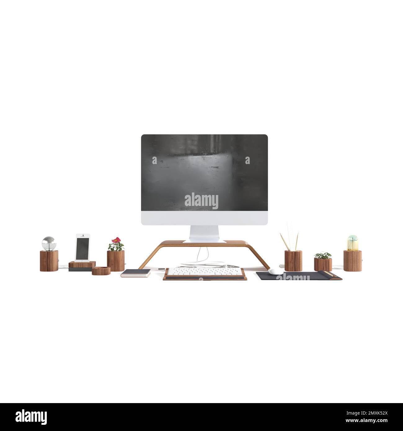 Rendering 3D di un computer con oggetti Office isolati su uno sfondo bianco Foto Stock