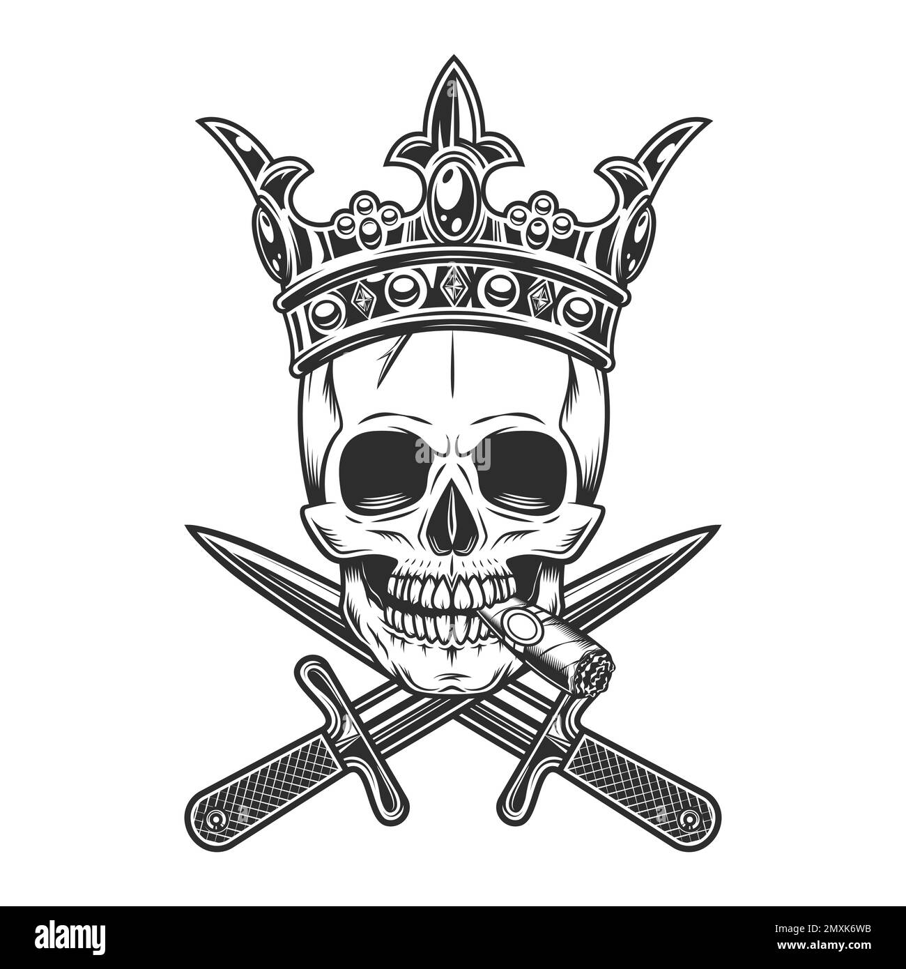 Gangster fumo sigaro o sigaretta fumo cranio re in corona con coltello incrociato in vintage monocromatico stile isolato vettore illustrazione. Scheletro di Illustrazione Vettoriale