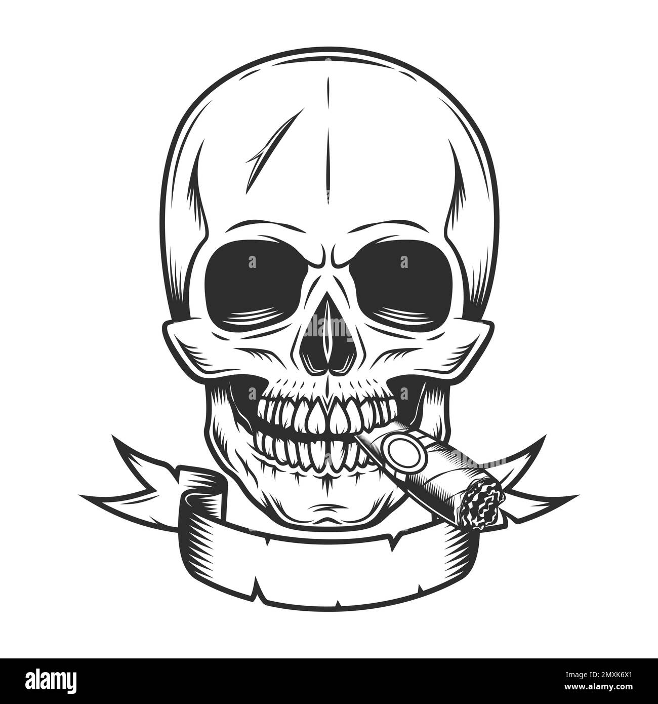 Figura in stile monocromatico vintage con fumo di sigaretta o sigaro per fumare il cranio Illustrazione Vettoriale