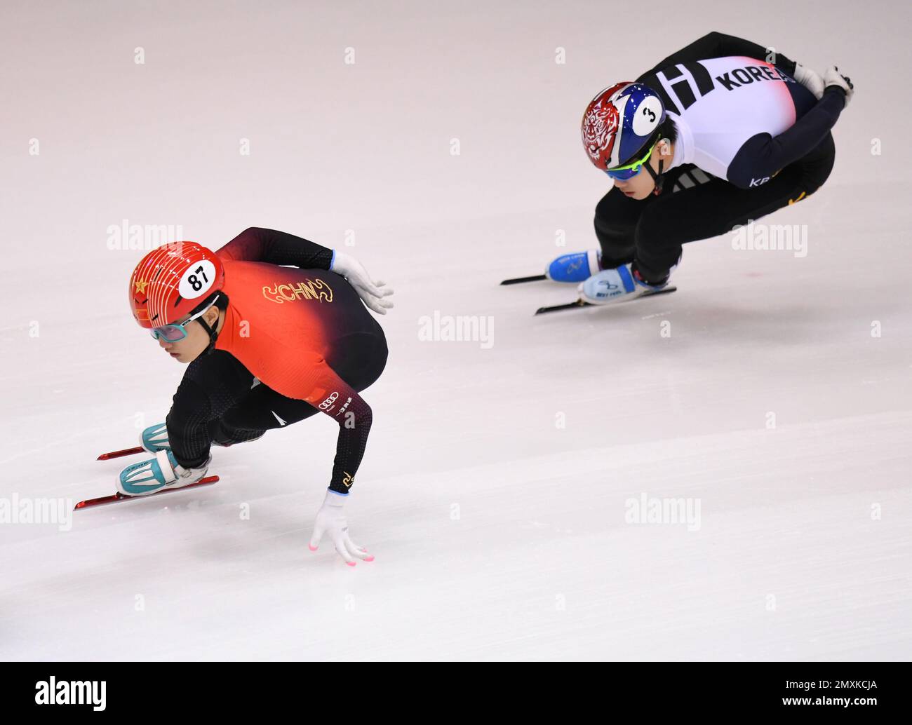 Dresda, Germania. 3rd Feb, 2023. Li Wenlong (L) della Cina compete durante il quarto finale di MEN's 1500m(1) alla ISU World Cup Short Track Speed Skating serie a Dresda, Germania, 3 febbraio 2023. Credit: Ren Pengfei/Xinhua/Alamy Live News Foto Stock