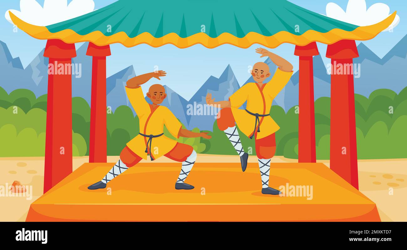 Composizione piatta dei combattenti con personaggi umani di due combattenti in gazebo con scenari all'aperto e illustrazioni vettoriali sulle montagne Illustrazione Vettoriale