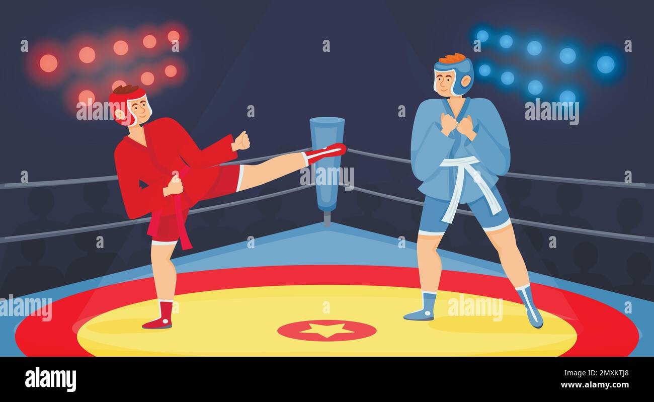 Composizione piatta dei combattenti con vista interna dell'anello di pugilato con il pubblico silhouette luci e figura vettoriale dei combattenti kickboxer Illustrazione Vettoriale
