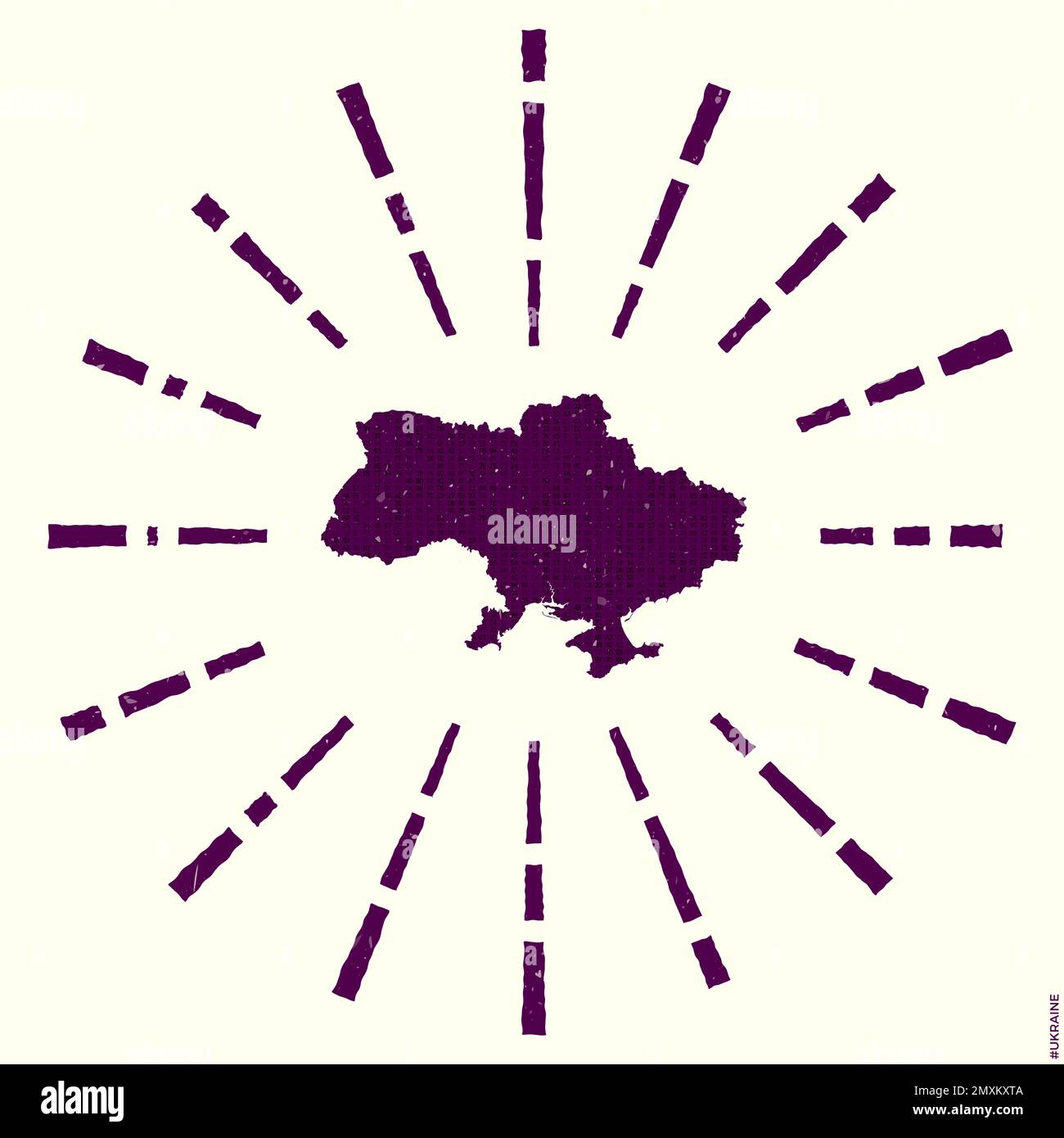 Logo Ucraina. Grunge sunburst poster con mappa del paese. Forma dell'Ucraina riempita con cifre esadecimali con raggi di sole intorno. Potente vettore illus Illustrazione Vettoriale