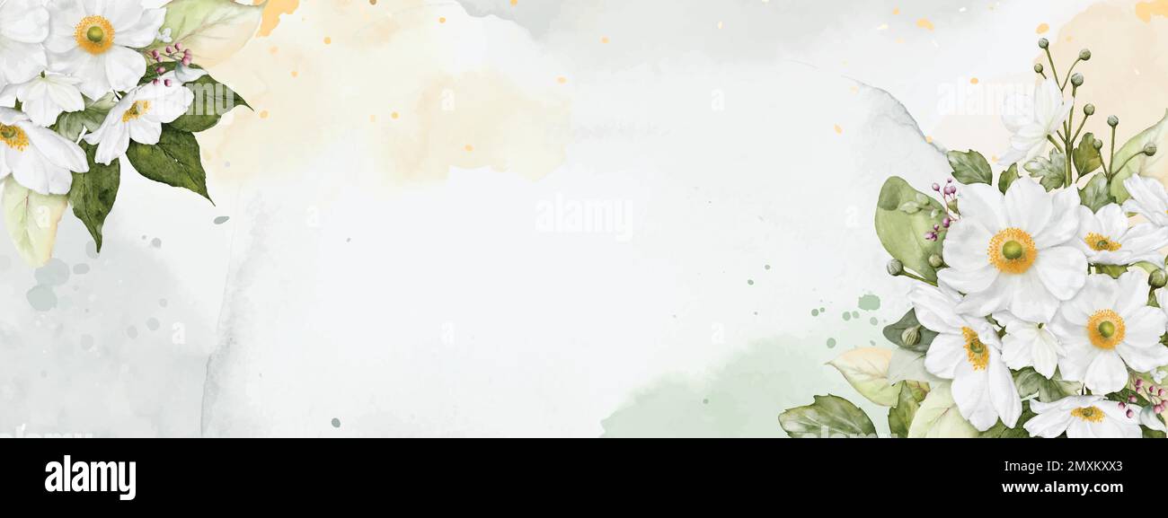 bstract watercolor arte banner disegno sfondo con fiore anemone fioritura su macchie. Adatto per decorare il giorno di San Valentino, striscioni, matrimoni, Illustrazione Vettoriale