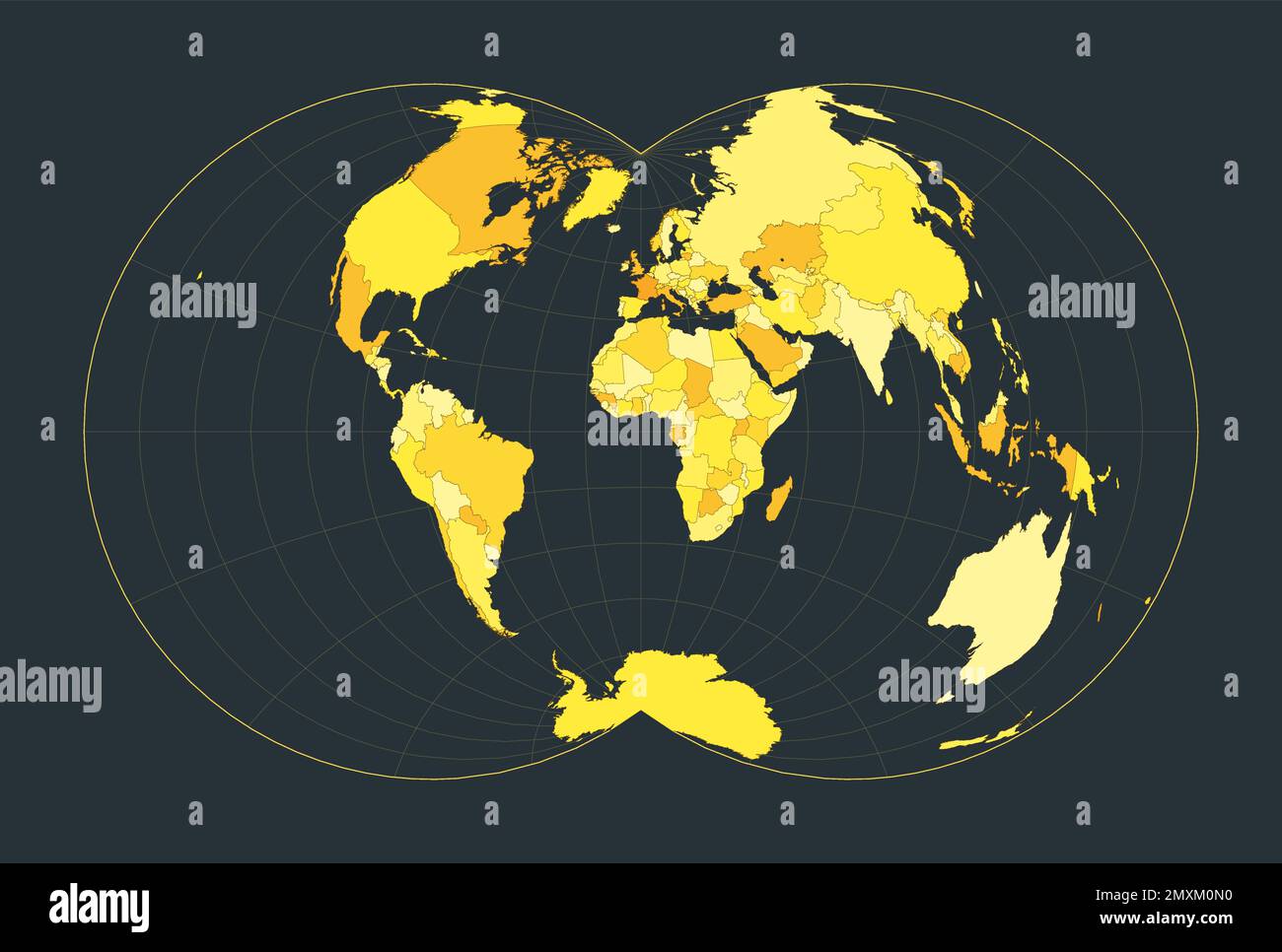Mappa del mondo. Proiezione globulare Nicolosi. Illustrazione futuristica del mondo per la vostra infografica. Colori di campagna giallo brillante. Illustrazione vettoriale moderna. Illustrazione Vettoriale