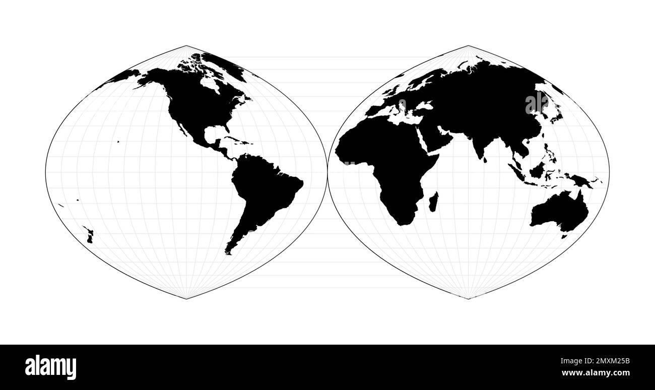 Profilo mondiale. Proiezione autenticale quartic interrotta in due emisferi. Pianifica la mappa geografica del mondo con linee reticolari. Illustrazione vettoriale. Illustrazione Vettoriale