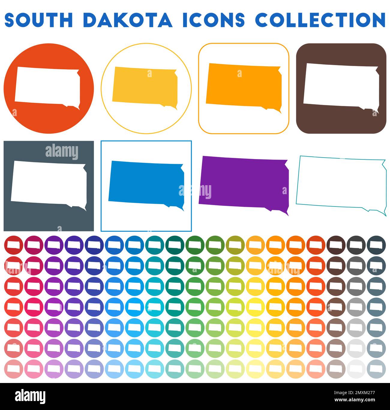 Collezione di icone del South Dakota. Icone luminose colorate e alla moda. Moderno distintivo del South Dakota con la mappa dello stato degli Stati Uniti. Illustrazione vettoriale. Illustrazione Vettoriale