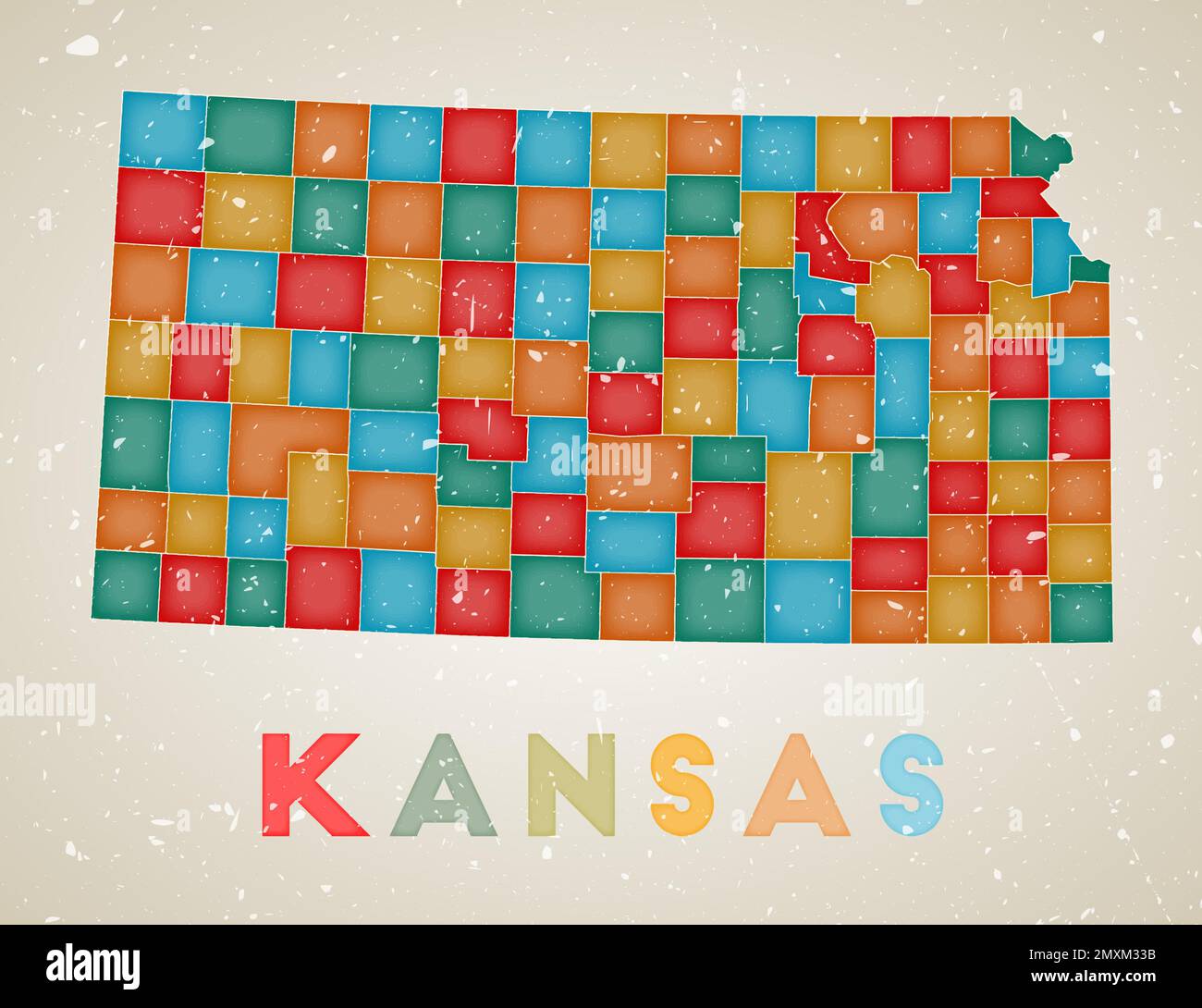 Mappa del Kansas. Poster di stato DEGLI STATI UNITI con regioni colorate. Vecchia trama grunge. Illustrazione vettoriale del Kansas con il nome dello stato statunitense. Illustrazione Vettoriale