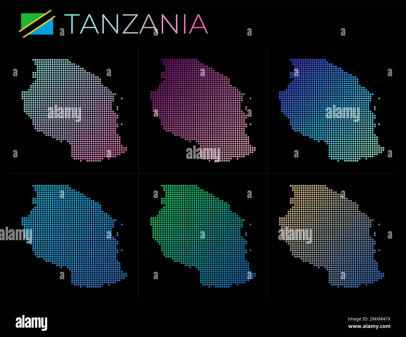 Set di mappe punteggiate della Tanzania. Mappa della Tanzania in stile punteggiato. Confini del paese pieni di bellissimi cerchi sfumati lisci. Illustrazione Vettoriale