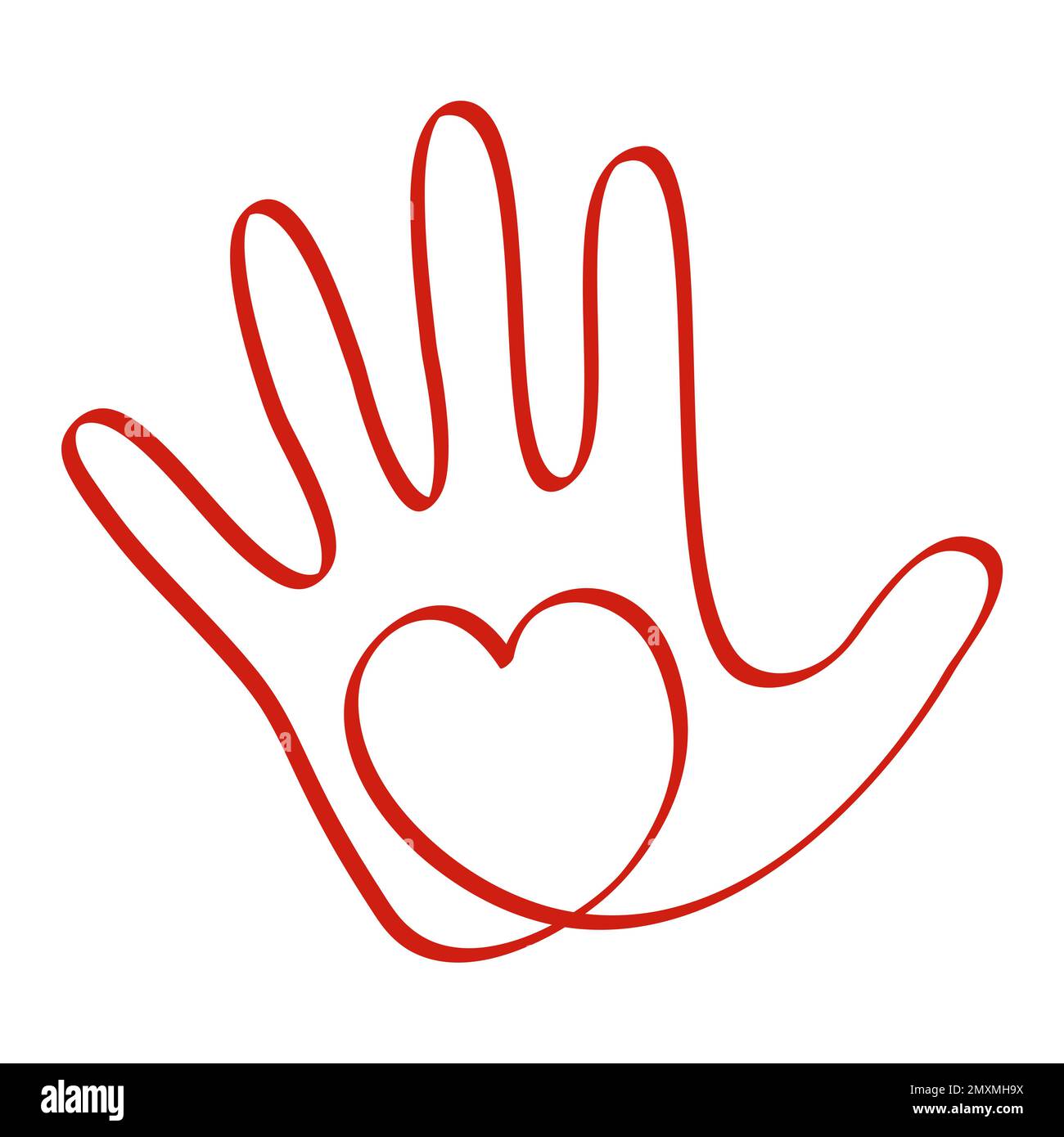 Astratto logo cuore in una mano. Icona di linea stilizzata. Illustrazione Vettoriale