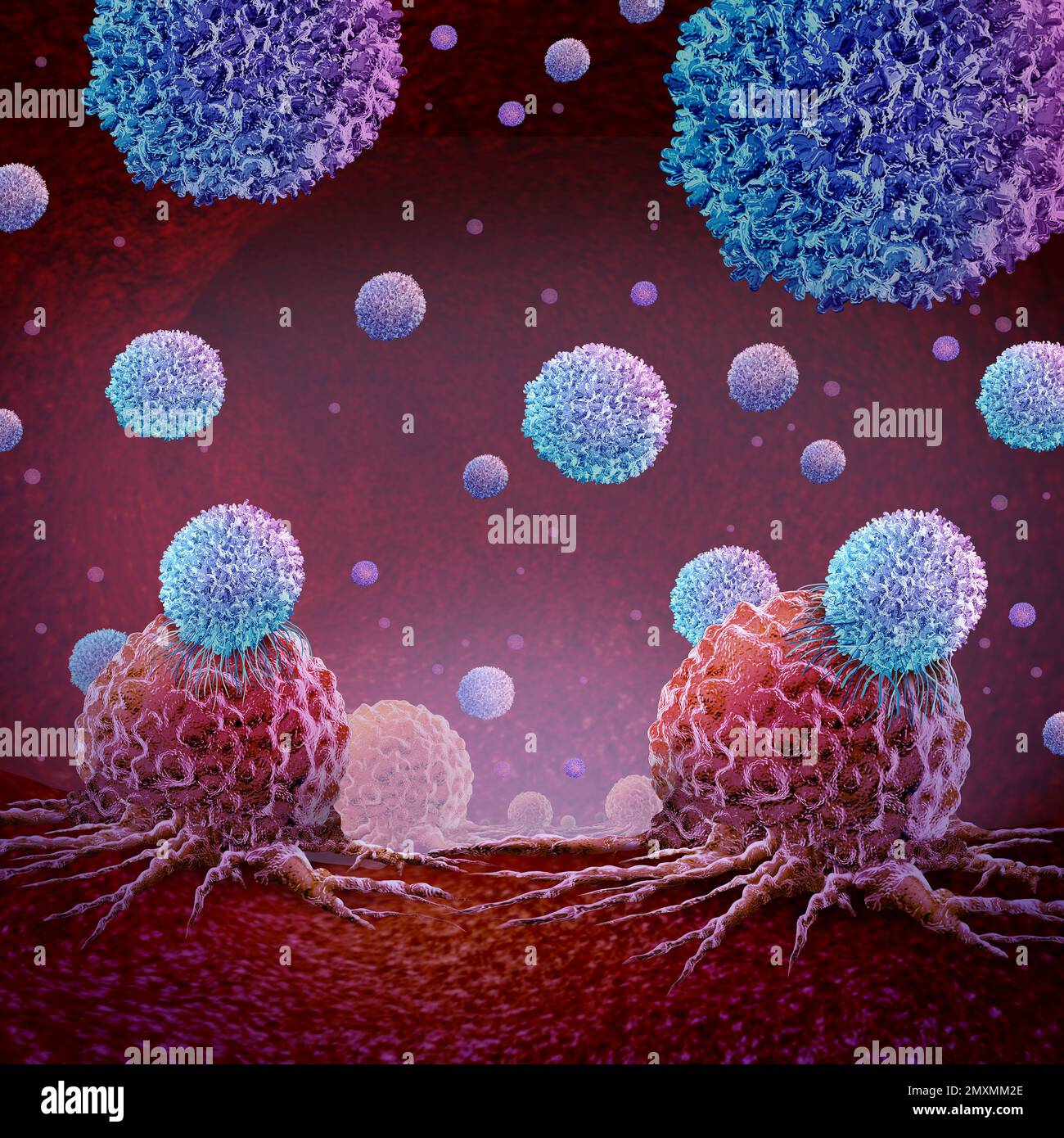 Terapia immunoncologica o trattamento immunologico e simbolo oncologico come crescita cancerosa maligna e metastasi anatomia concetto come crescita di cellule tumorali Foto Stock