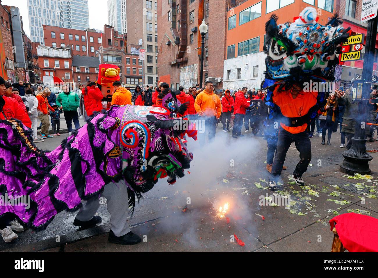 Wong Keung Lion Dance Team, firecrackers esplosivi e lattuga a Boston Chinatown durante il Spring Festival, Capodanno cinese, 29 gennaio 2023. 舞獅, 波士頓 Foto Stock