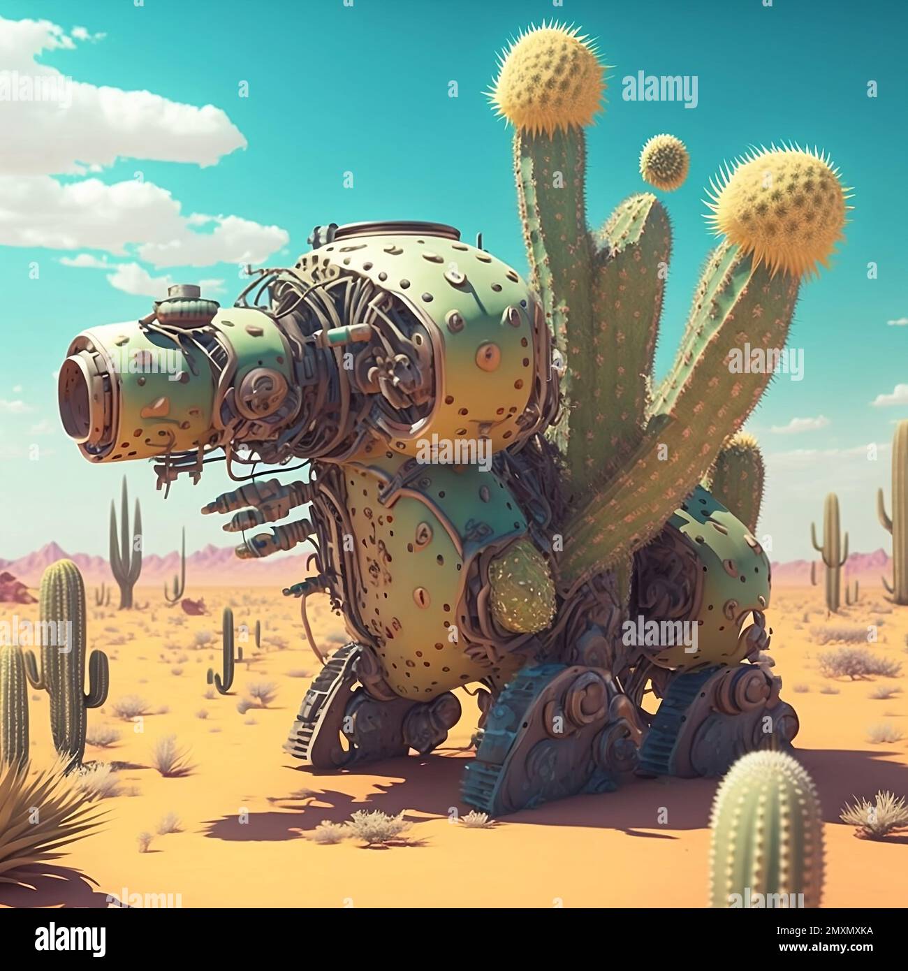 Illustrazione digitale di un Cactus in stile robotico in un deserto Foto Stock